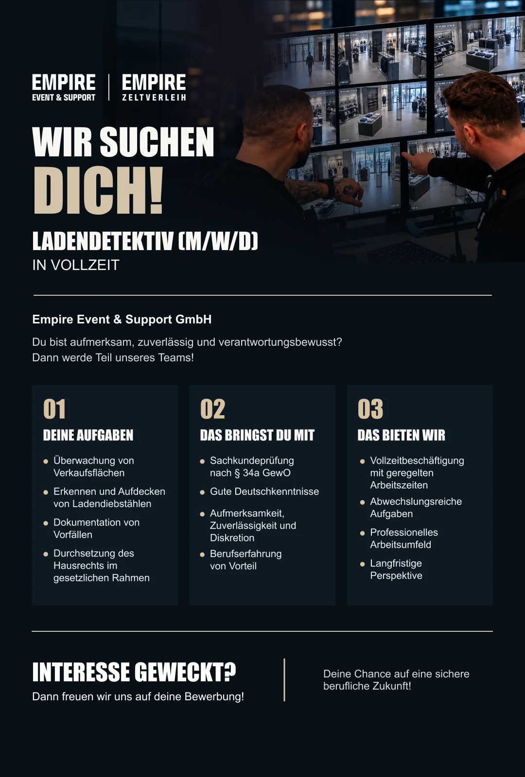Stellenanzeige: Wir suchen dich! Ladendetektiv (m/w/d) in Vollzeit bei Empire Event & Support GmbH
